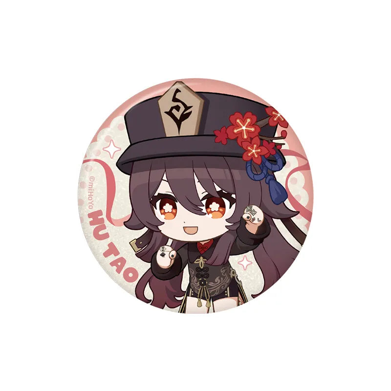 Genshin Impact Hu Tao Stellar Recollection series character badge with playful chibi artwork and vibrant colors