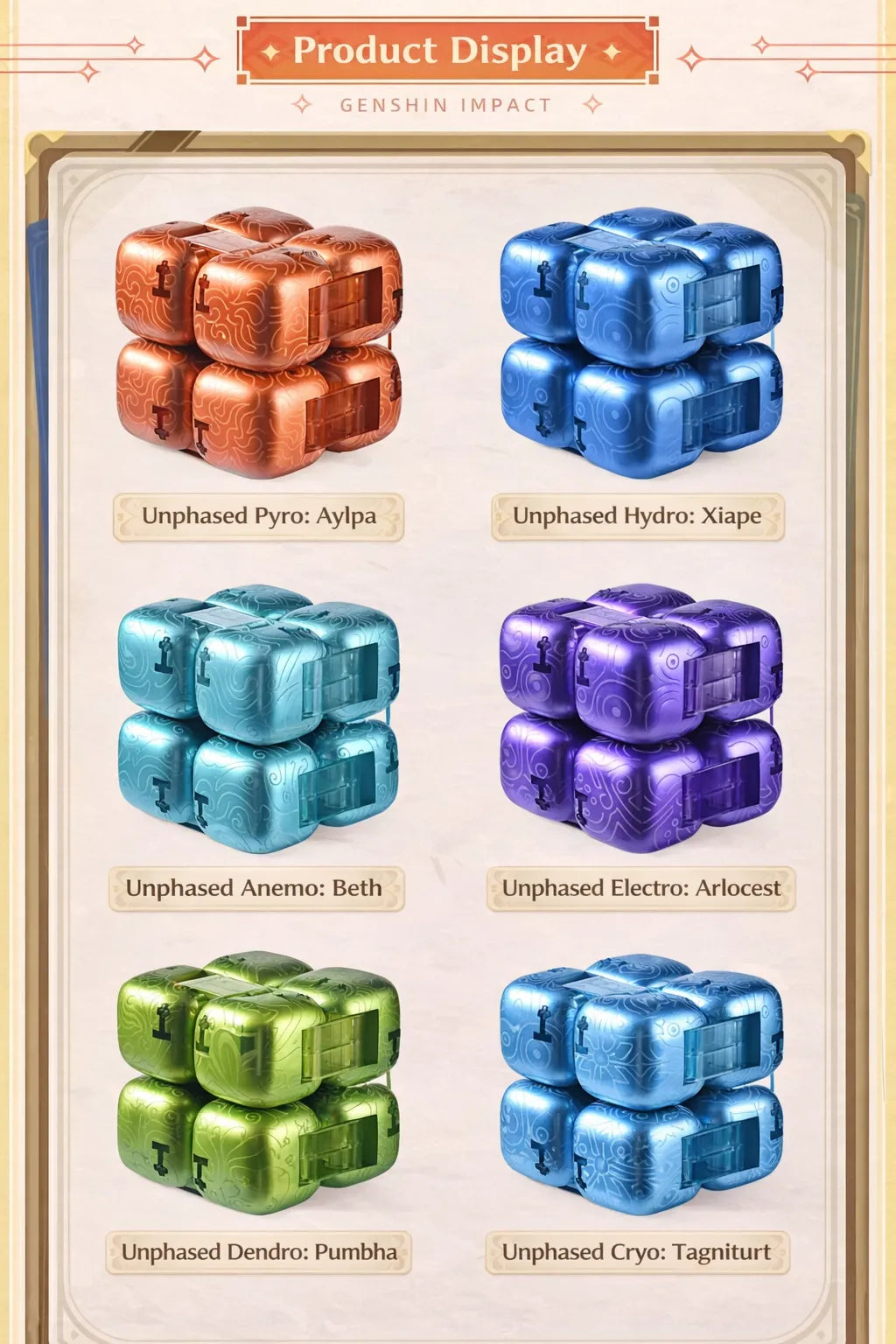 Genshin Impact Hypostasis mini block toy element series product display