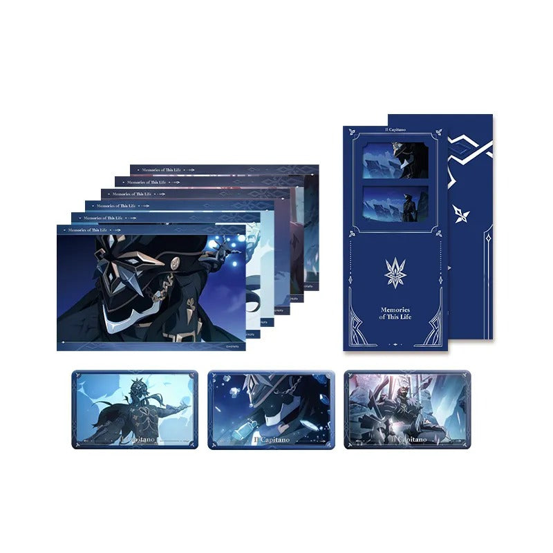 Genshin Il Capitano Memories of This Life Series featuring square badges collectible cards and film bookmark collectibles