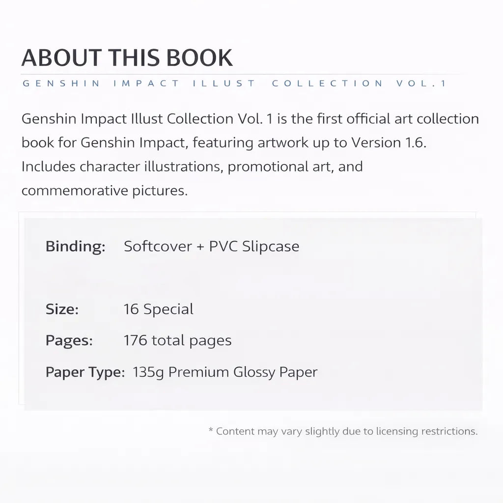 Bonus items included with Genshin Impact Illustration Collection Vol.1 art book set including art print and PVC card