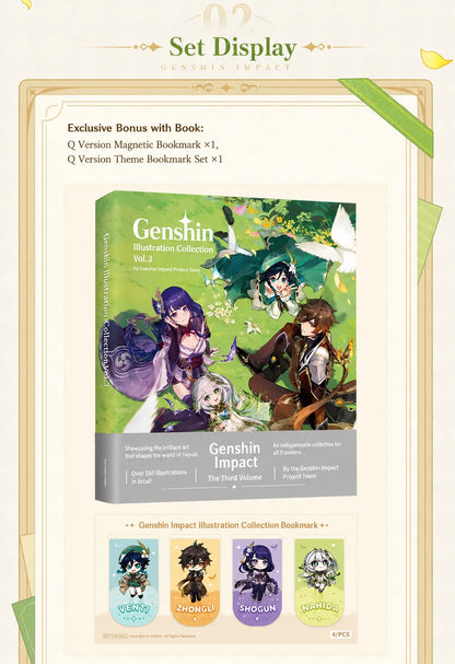 Genshin Illustration Collection Vol.3 magnetic bookmark designs featuring Venti Zhongli Raiden Shogun and Nahida