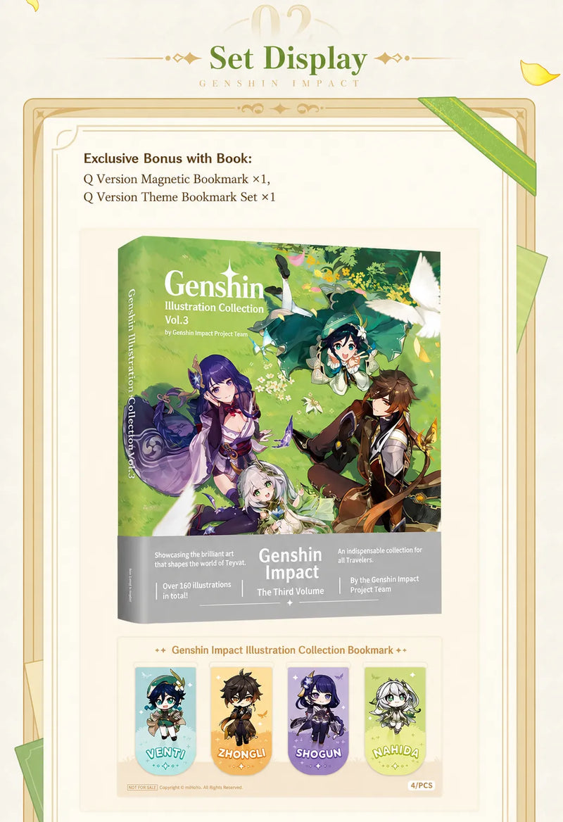 Genshin Illustration Collection Vol.3 magnetic bookmark designs featuring Venti Zhongli Raiden Shogun and Nahida