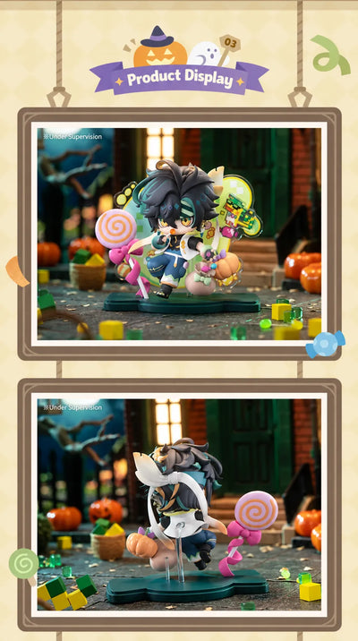Front display of Kinich Chibi Figure in a Halloween-themed setting