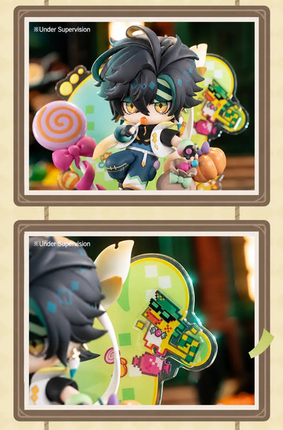 Rear display of Kinich Chibi Figure with lollipop and pumpkin accessories