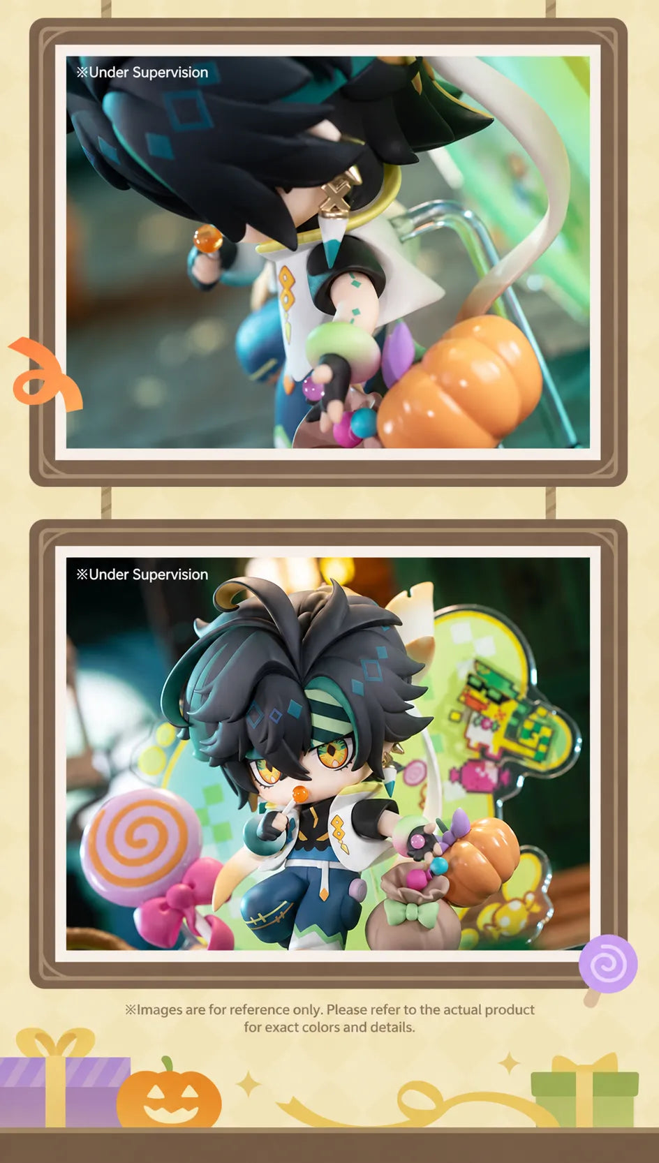 Close-up of Kinich Chibi Figure and pixel-style acrylic backdrop