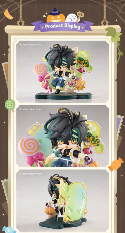 Close-up of Kinich Chibi Figure pumpkin bag and candy accessories