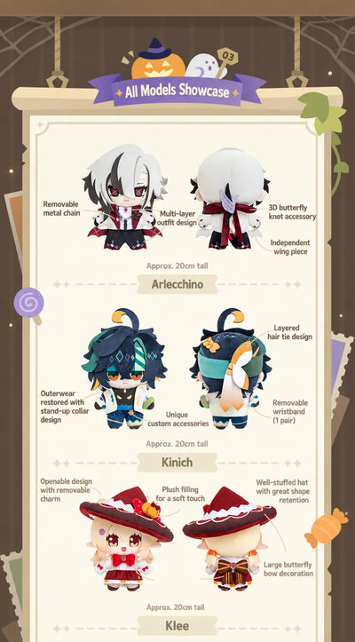 Arlecchino, Kinich and Klee Immernachtreich Reverie Plush Dolls with front and back design details