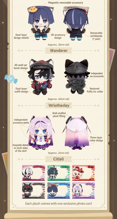 Wanderer, Wriothesley and Citlali Immernachtreich Reverie Plush Dolls with design details and exclusive photo cards