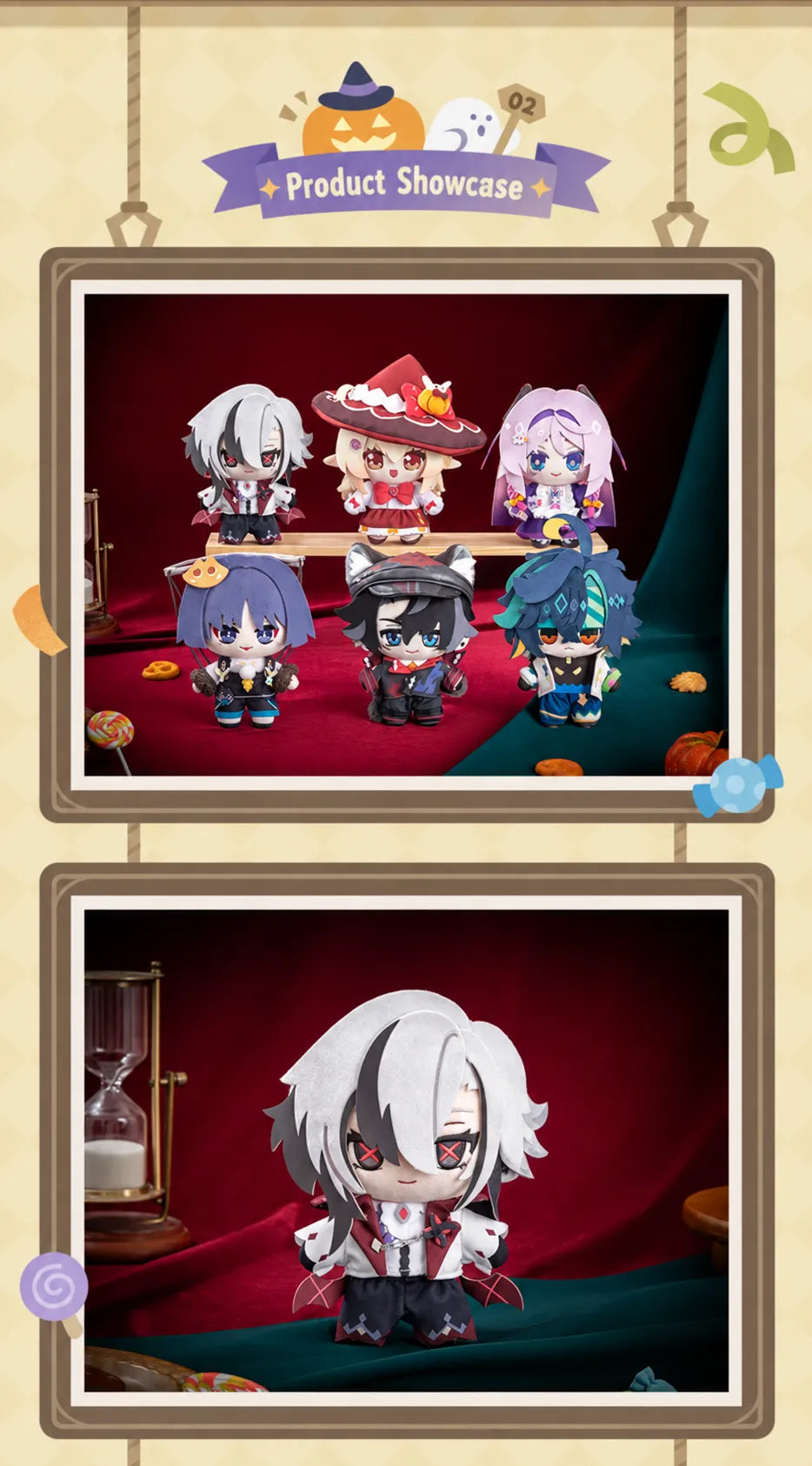 Six Immernachtreich Reverie Series Plush Dolls displayed together in a Halloween-themed setting