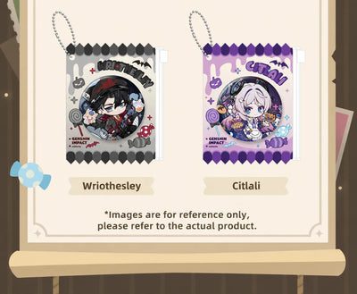 Genshin Impact Immernachtreich Reverie Series badge and sleeve collection display for fans and collectors
