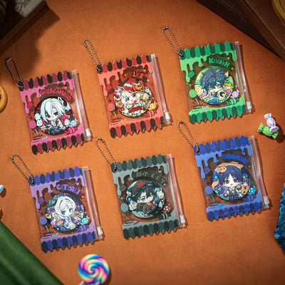Genshin Immernachtreich Reverie Series badges featuring Arlecchino Kinich Klee Wanderer Wriothesley and Citlali