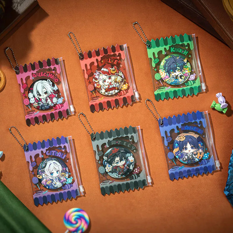 Genshin Immernachtreich Reverie Series badges featuring Arlecchino Kinich Klee Wanderer Wriothesley and Citlali