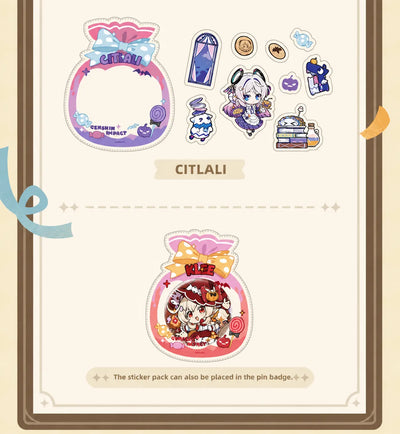 Genshin Immernachtreich Reverie Series Sticker Set showing stickers placed in pin badge holders for display