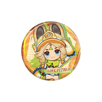 Genshin Kachina character badge from the Nation of Pyro Series featuring colorful Natlan themed artwork and collectible tinplate design