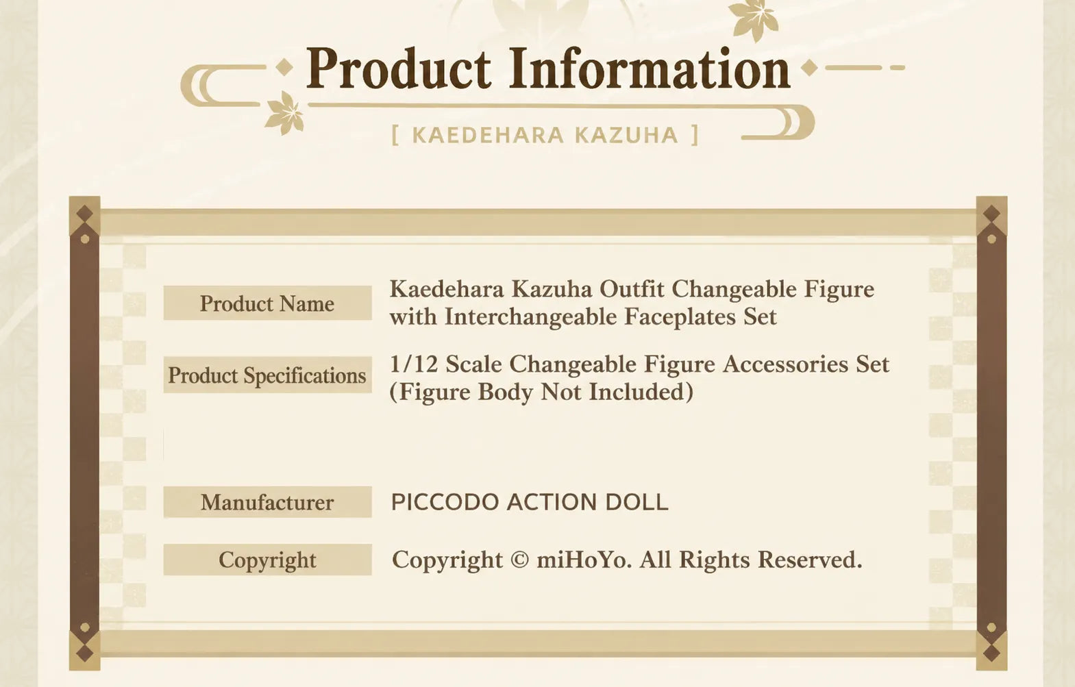 Kaedehara Kazuha figure outfit faceplate and interchangeable hand parts