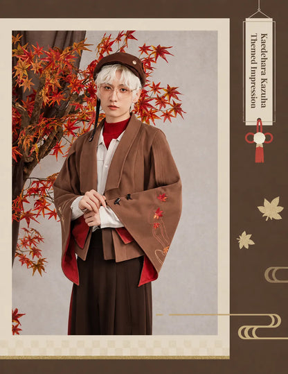 Genshin Kazuha themed casual jacket autumn model showcase with maple background