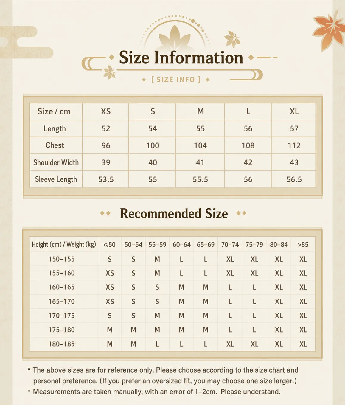Genshin Kaedehara Kazuha themed impression casual jacket size chart and fitting guide