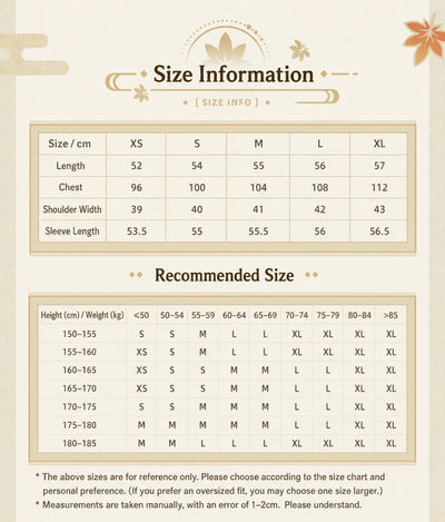 Genshin Kaedehara Kazuha themed impression casual jacket size chart and fitting guide