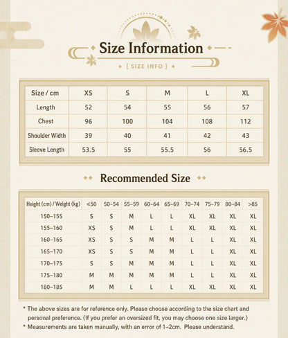 Genshin Kaedehara Kazuha themed impression casual jacket size chart and fitting guide