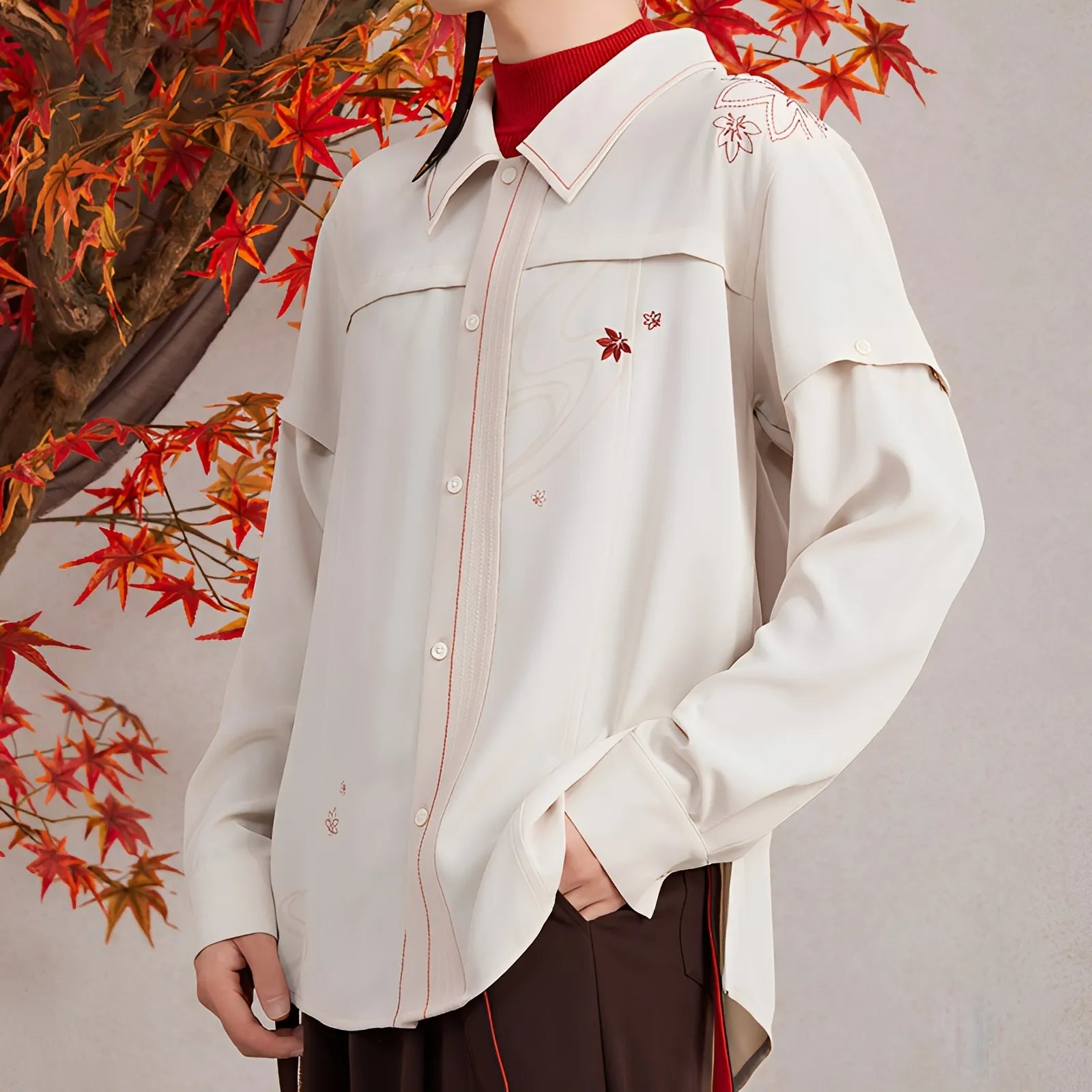 Kaedehara Kazuha autumn themed shirt casual outfit with layered seasonal styling