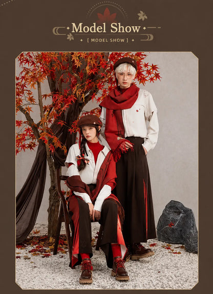 Genshin Kazuha themed apparel model showcase with autumn maple background