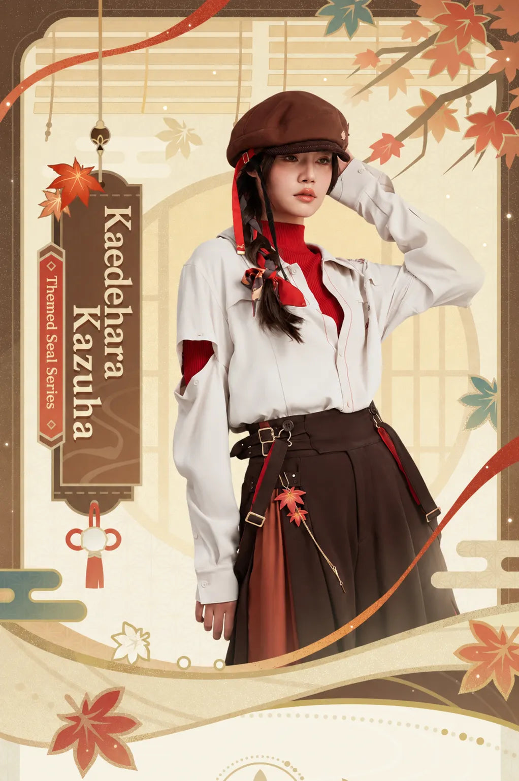 Kaedehara Kazuha themed shirt front embroidery detail with maple leaf accents