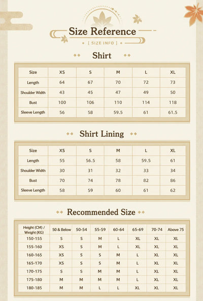 Genshin Kaedehara Kazuha themed impression long sleeve shirt size chart and fitting guide