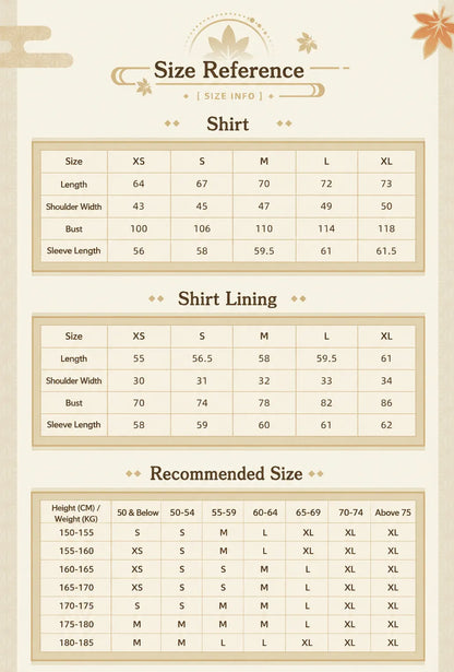 Genshin Kaedehara Kazuha themed impression long sleeve shirt size chart and fitting guide