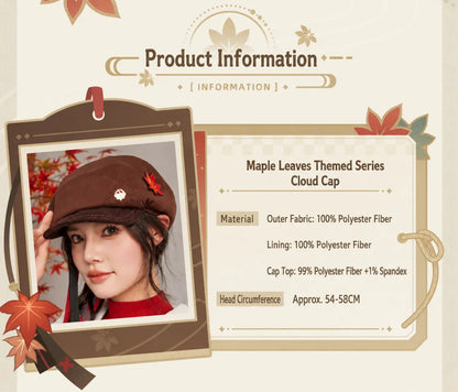 Model wearing Kaedehara Kazuha themed beret with autumn styling