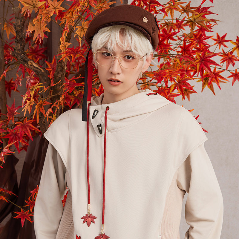 Brown beret inspired by Kaedehara Kazuha with embroidered maple leaf decoration