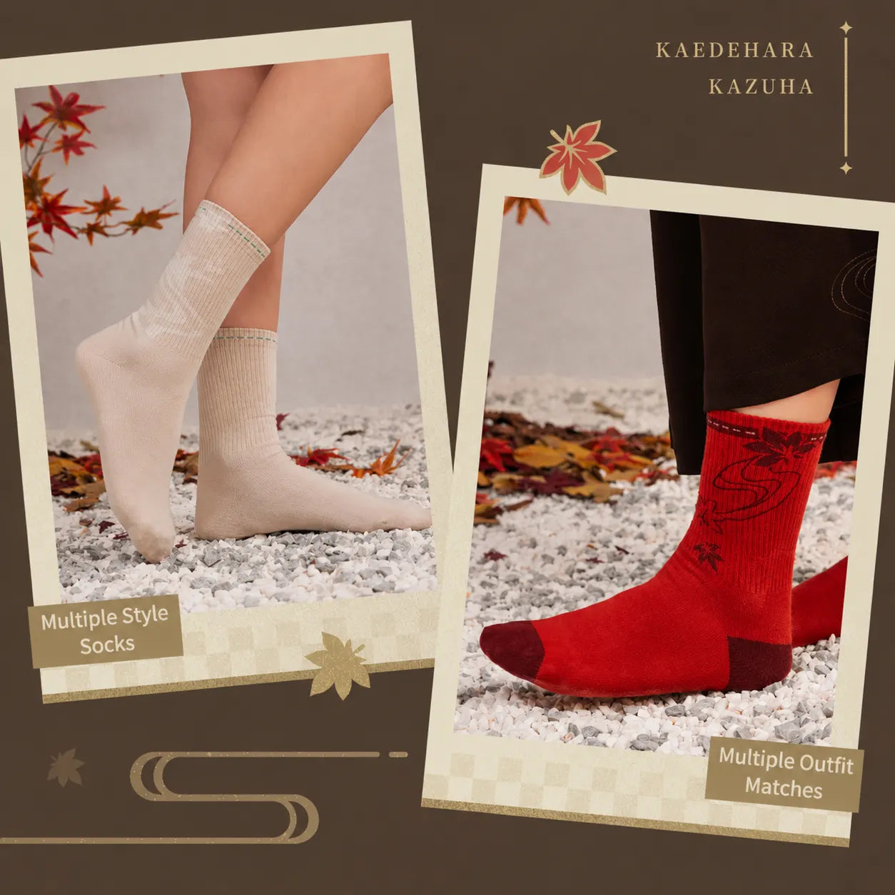 Kazuha themed socks featuring red maple pattern and soft knit fabric