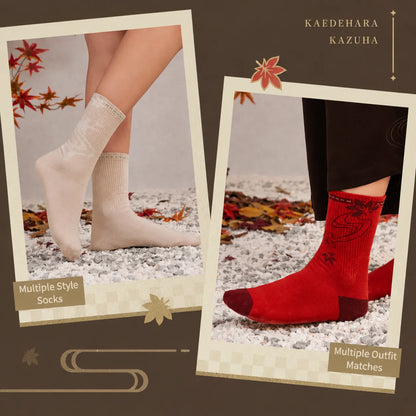 Kazuha themed socks featuring red maple pattern and soft knit fabric