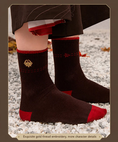 Detailed ribbed sock texture and maple embroidery from Kazuha themed socks