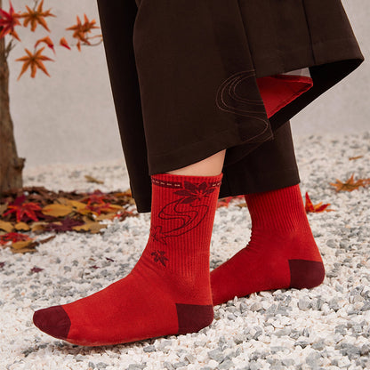 Kaedehara Kazuha themed socks featuring autumn maple inspired patterns and ribbed knit details