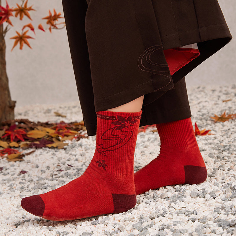 Kaedehara Kazuha themed socks featuring autumn maple inspired patterns and ribbed knit details