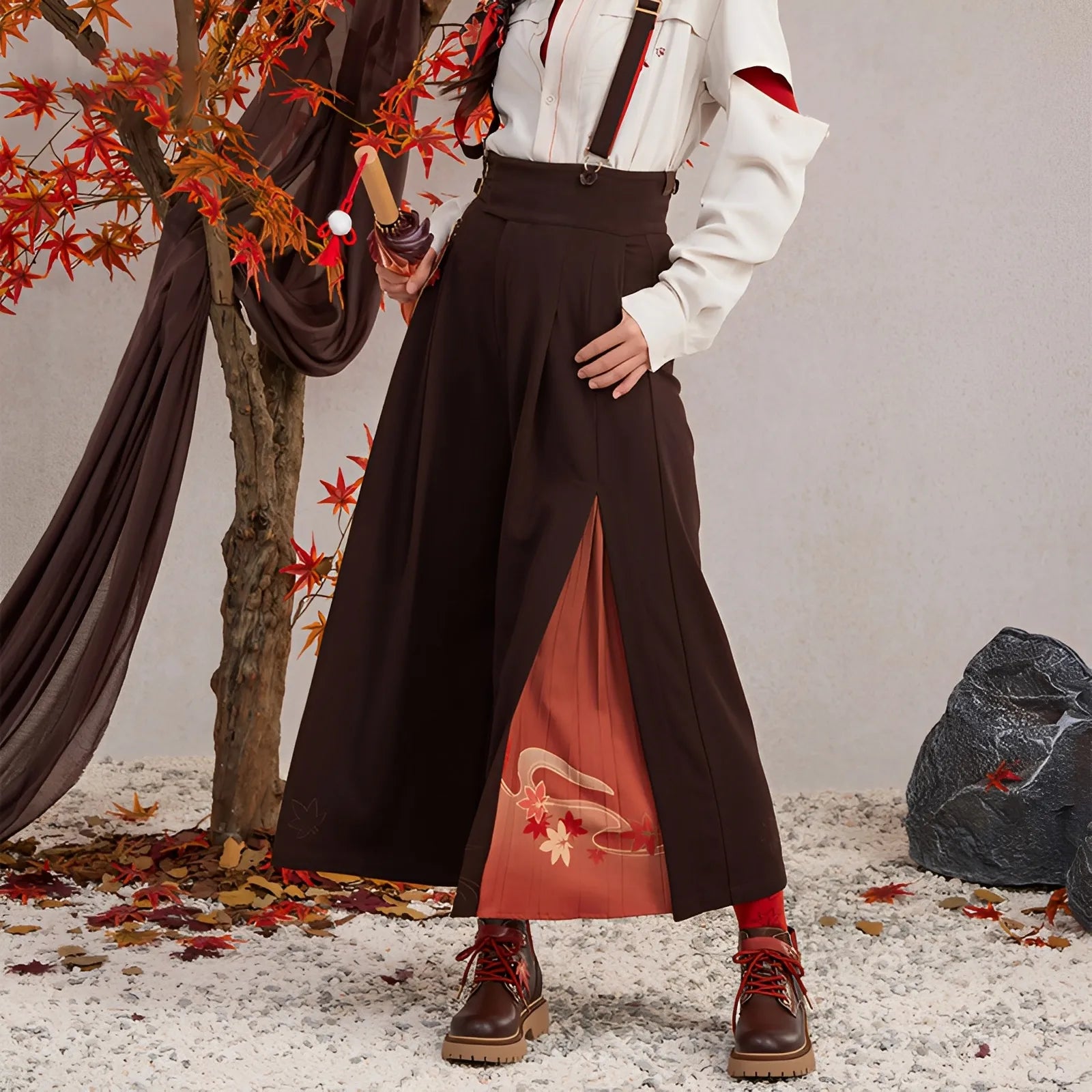 Genshin Kaedehara Kazuha themed impression wide leg suspenders pants front outfit display