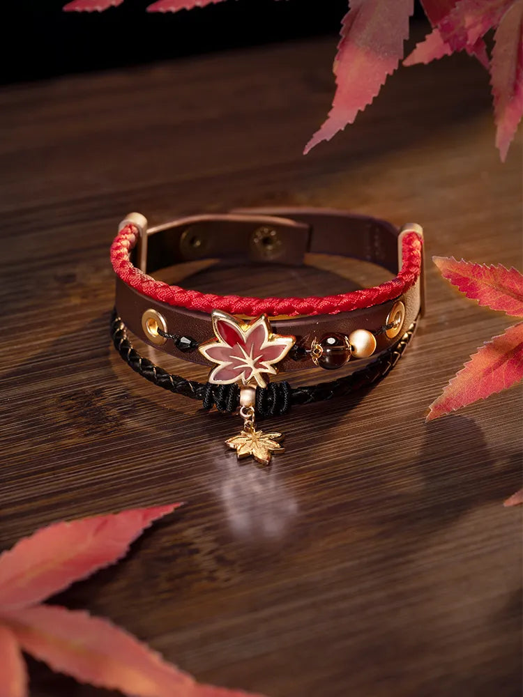 Genshin Kaedehara Kazuha themed bracelet with maple leaf charm and layered leather design