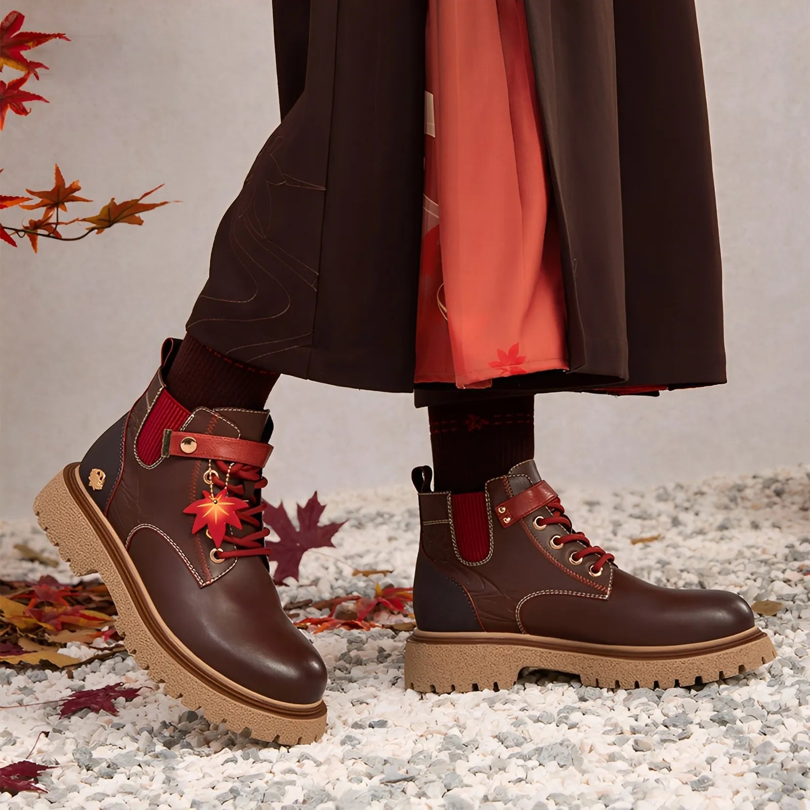 Kaedehara Kazuha themed short boots with maple leaf charm and brown-red design