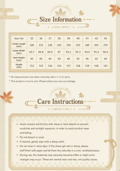 Kaedehara Kazuha themed short boots size chart and care instructions