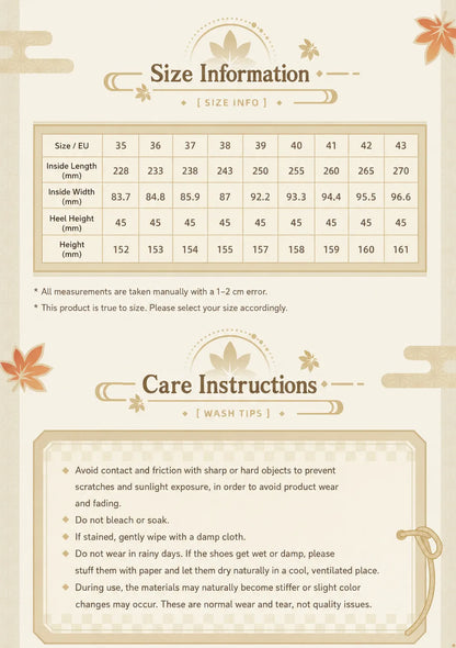 Kaedehara Kazuha themed short boots size chart and care instructions