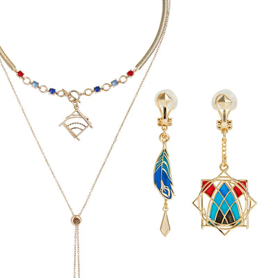 Genshin Impact Kaveh necklace and earrings set featuring geometric pendant and crystal details