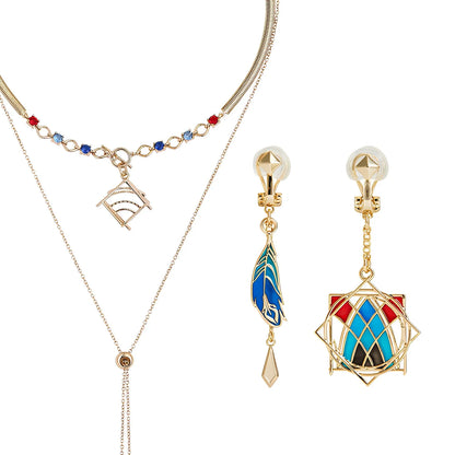 Genshin Impact Kaveh necklace and earrings set featuring geometric pendant and crystal details
