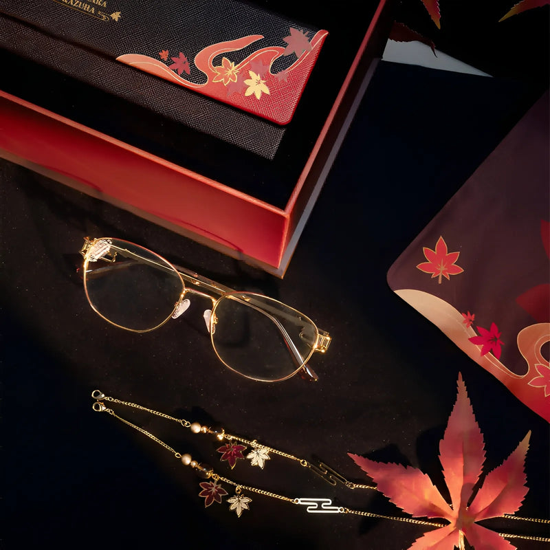 Genshin Impact Kazuha glasses side detail showing metal frame and decorative chain