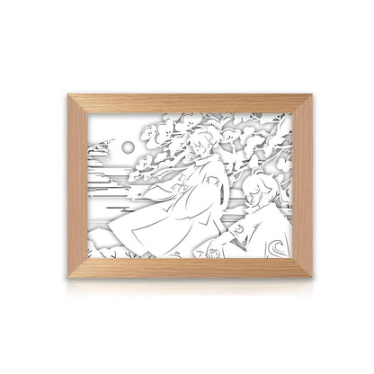 Genshin Impact Kazuha paper carved shadow lamp creating soft warm ambient lighting, rechargeable anime decorative lamp for desk shelf and fan display