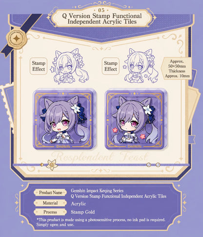 Keqing chibi acrylic stamp block from Genshin Impact with self standing collectible design and gold foil accents