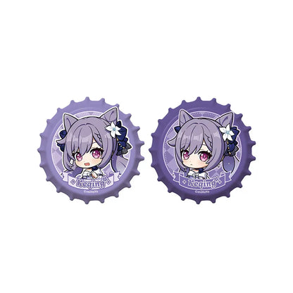 Keqing chibi magnetic bottle cap badge set from Genshin Impact featuring cute expressions and pastel purple collectible design