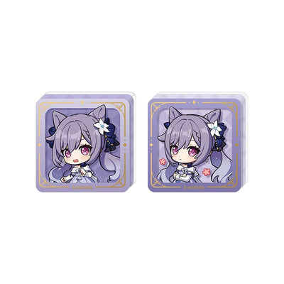 Keqing chibi acrylic stamp block from Genshin Impact featuring self standing collectible design and decorative gold details