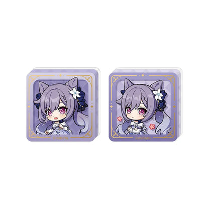 Keqing chibi acrylic stamp block from Genshin Impact featuring self standing collectible design and decorative gold details