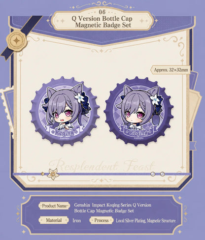 Keqing bottle cap magnetic badge set from Genshin Impact featuring cute chibi expressions and collectible purple design