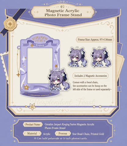 Keqing magnetic acrylic photo frame stand from Genshin with removable chibi accessories and decorative frame layout